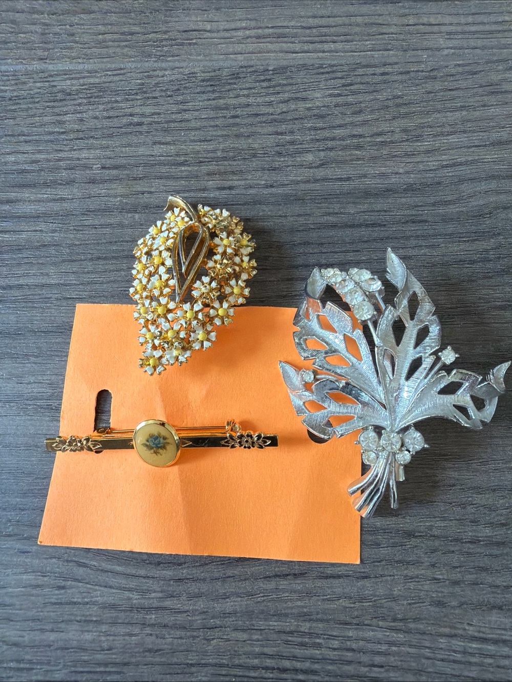 Vintage Gold and Silver Floral Brooch Set -Enamel Blue Rose Bar Pin, Sheaf, Dais